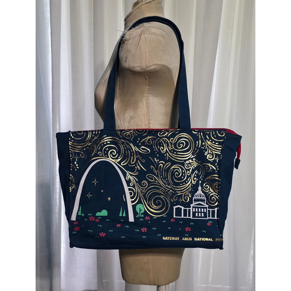 Gateway Arch National Park Navy Blue Canvas Tote Bag Gold Foil St Louis Souvenir